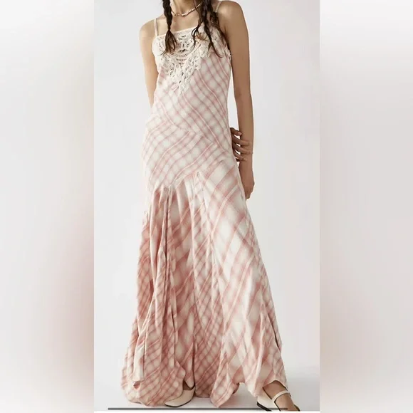 Free People Piper Plaid Maxi Dress Crochet Detail Tiered Hemline Blush Ivory